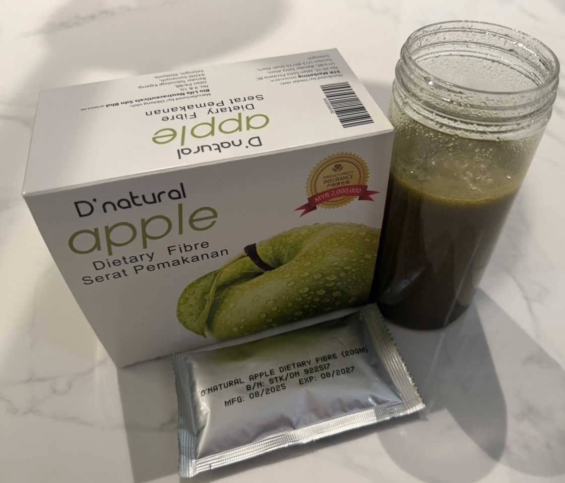 Real D’Natural Apple Dietary Fibre box, sachet and prepared earthy green drink